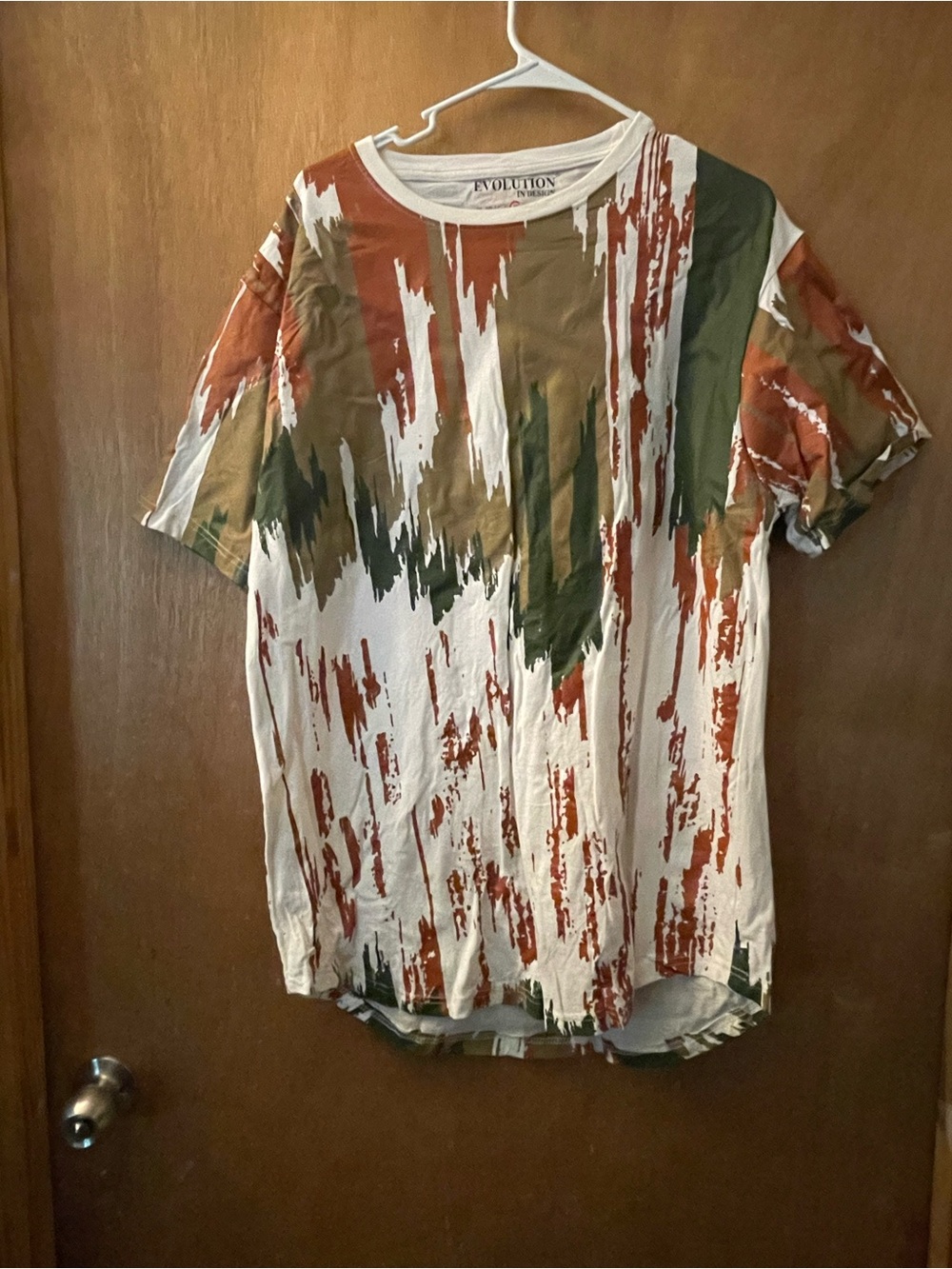 Evolution Short-Sleeve Crew Tee in White with Olive and Rust Paint-Stripe